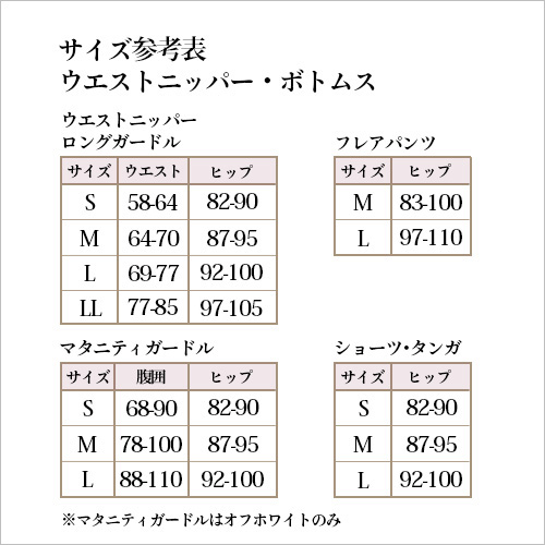 日本製のブライダルインナー ニッパーボトムサイズ表